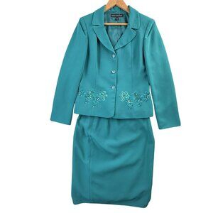 Nipon Boutique Skirt Suit Womens 8 Green Beaded Floral Formal Evening Wedding